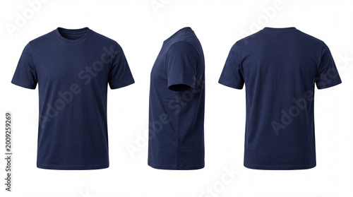A navy blue t-shirt displayed from the front, side, and back on a white background