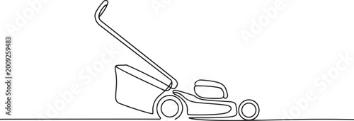 hand lawn mower gardening thin line. Continuous one line drawing. one line Icon drawing