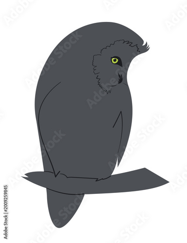 Minimal cute owl sitting on a branch with a bright green eye. Vector illustration.