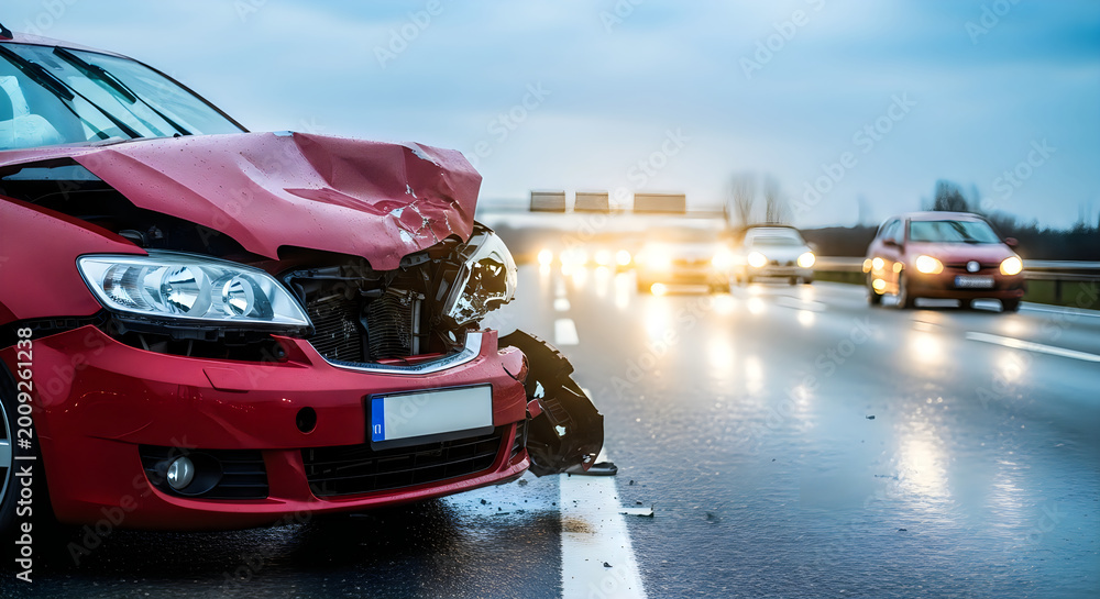 Naklejka premium Damaged Red Car After Road Accident on Wet Highway at Dusk, Vehicle Collision Aftermath