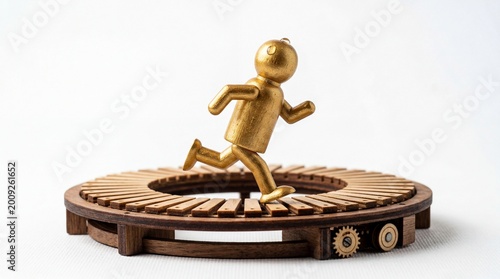 A golden figurine of a person running on a wooden wheel, symbolizing a busy and stressful work life