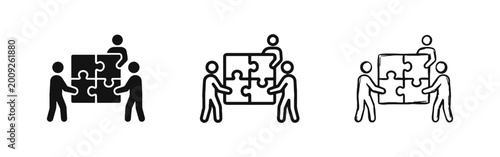 Foto Teamwork icon set showing people assembling puzzle pieces in glyph, outline, and