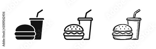 Tableau sur toile Fast Food Burger and Drink Icon Set in Solid, Line, and Sketch Styles