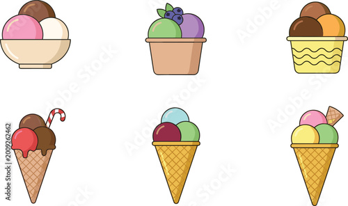 Cuadro en lienzo Set of Flat Vector Ice Cream Icons Featuring Cones Bowls and Various Flavors for