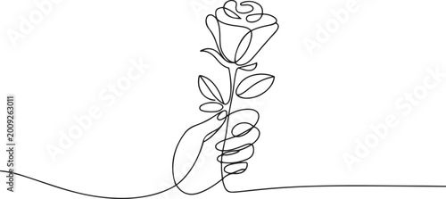 Hand holding a rose flower. Vector continuous line. one line Icon drawing