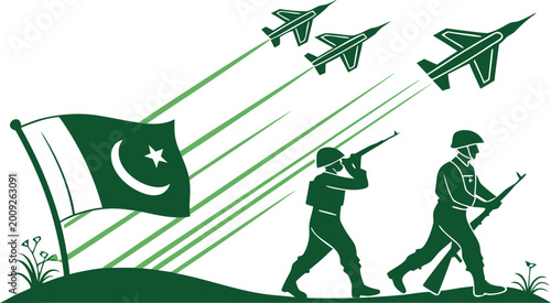 Foto Pakistan flag, soldiers, and fighter jets silhouette