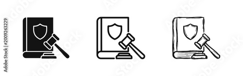 Foto Law and justice icons with legal book, shield, and gavel in multiple styles for attorney and court themes