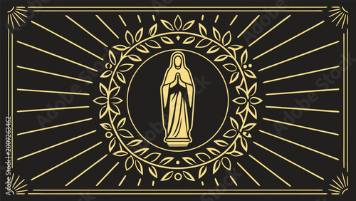 Bilde på lerret Gold line of virgin mary in laurel wreath with sunburst frame