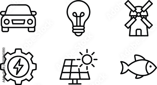 Schilderij op canvas Sustainable energy and ecology line icons, set of 6 vector symbols for renewable