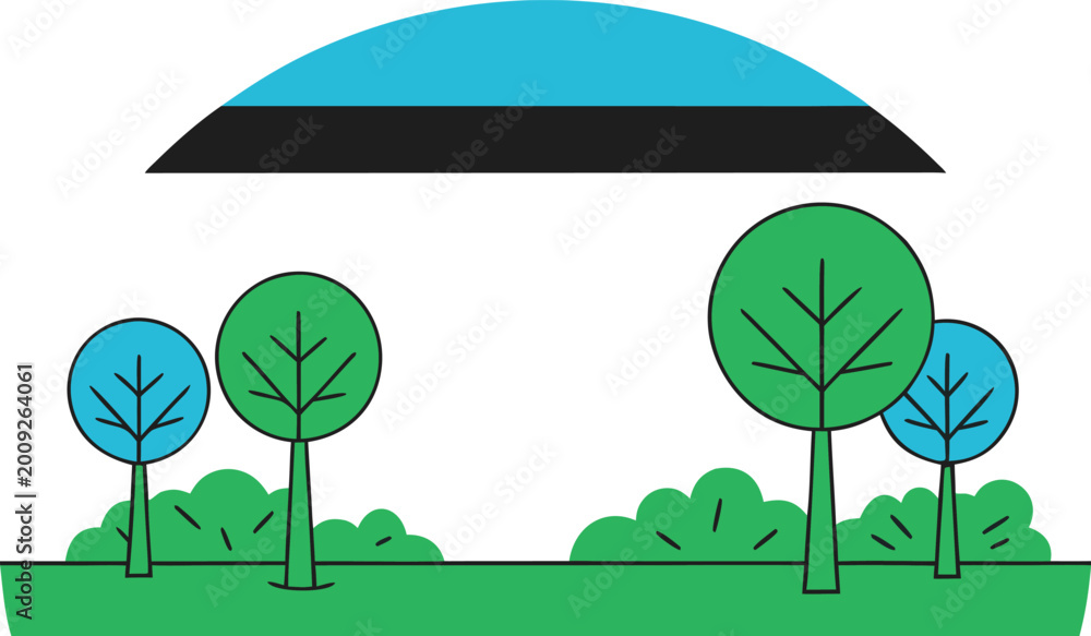 Fototapeta premium Flat landscape with green and blue trees, bushes, and a sun in a semicircle frame
