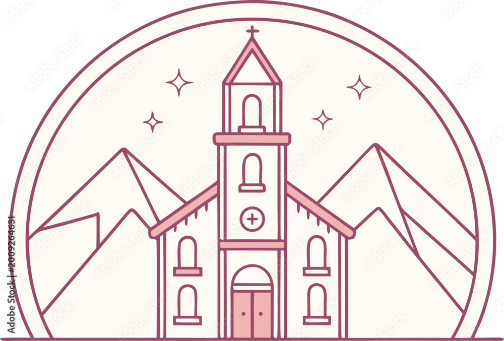 Fototapeta premium Minimalist of a church with mountains in a circle chapel