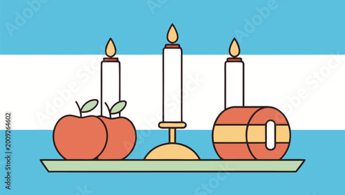 Photos Rosh hashanah with candles, apples, and challah on argentina flag background