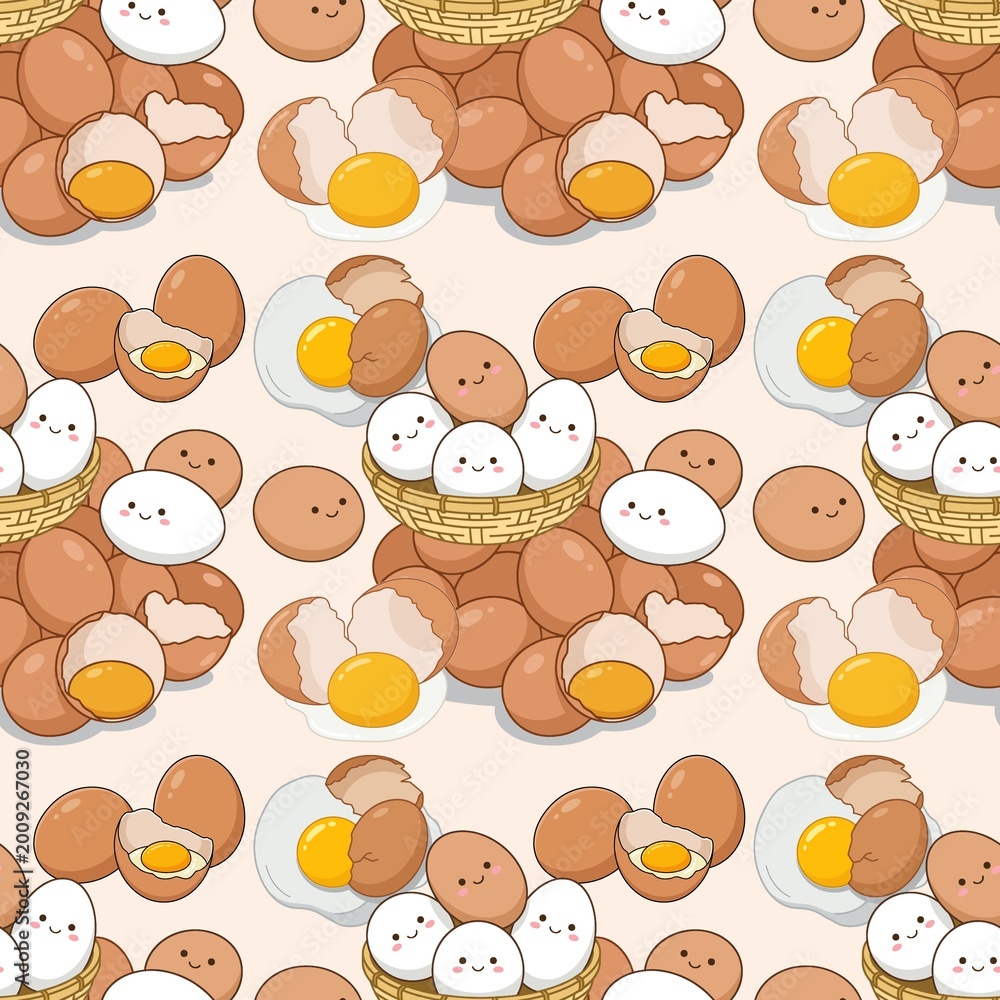 Fototapeta premium Cute Egg Seamless Pattern Kawaii Cartoon Chicken Eggs with Funny Faces and Cracked Egg Yolks Background for Bakery Food Wallpaper and Fabric Design