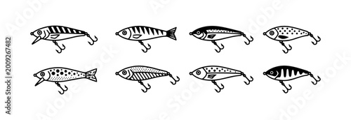 Fotografía Black and White Fishing Lure Collection Set with Hooks Minimal Vector Illustrati