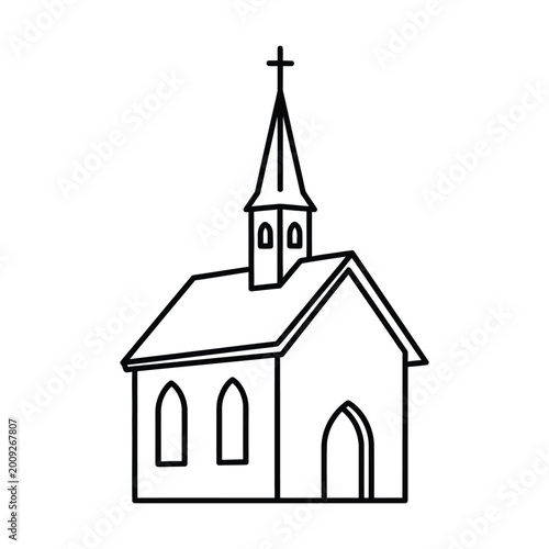 Foto Simple black and white line art icon of a country chapel with a tall steeple and