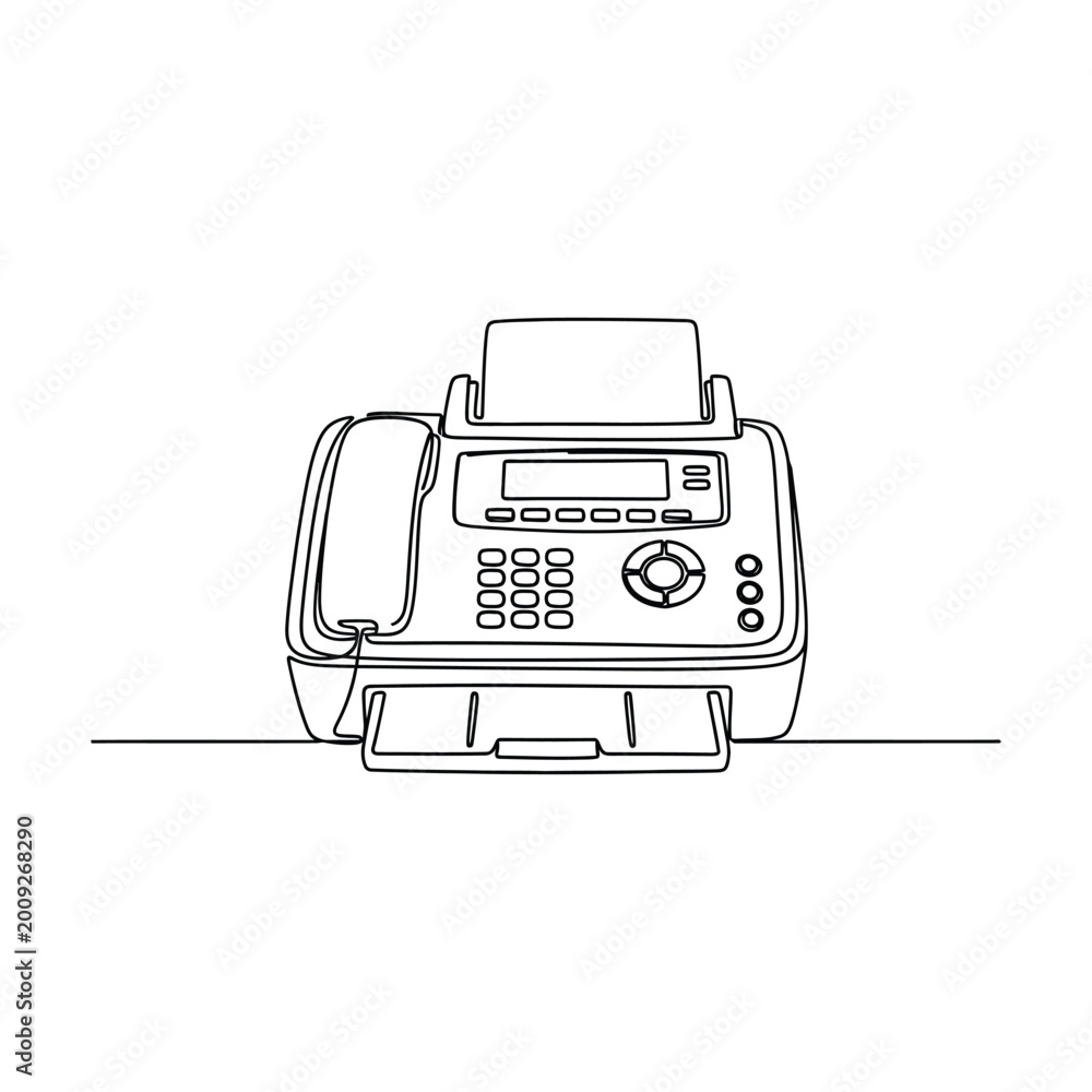 Fototapeta premium Continuous line drawing of vintage fax machine for office communication and business document transmission