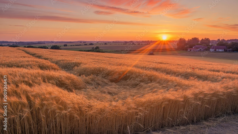Fototapeta premium Golden Wheat Field at Sunset with Horizon and Rural Landscape