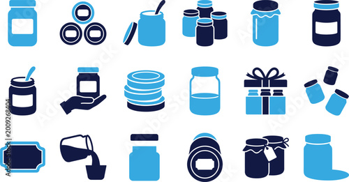 Obraz na płótnie Collection of various blue and dark blue glass jars with lids and labels for preserves food and storage on white background
