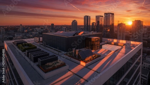 Cityscape at Sunset with Modern High-Rise Buildings and Rooftop Views
