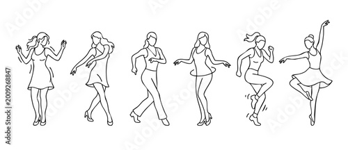 Dancing women line art set, female figures performing various dance moves, minimalist ink drawing vector illustration of expressive young women silhouettes in casual clothing for design and posters.