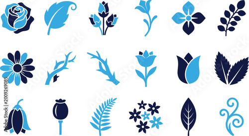 Foto Assortment of stylized floral and botanical icons in blue and navy blue shades