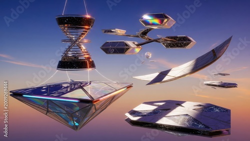 Futuristic Spacecraft and Space Stations in Outer Space During Sunset