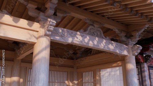 Intricate wooden beams and columns of traditional Japanese temple architecture