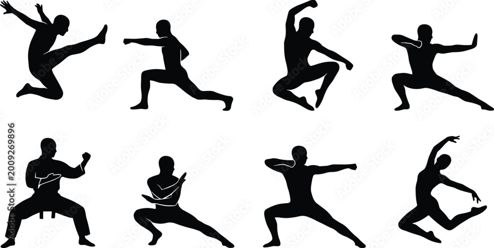 Obraz premium Black silhouettes of martial artists performing dynamic kicks punches and traditional stances isolated on white background for sports design