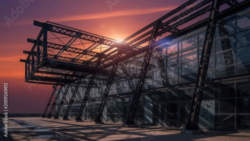 Modern architectural glass building with steel framework during sunset