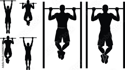 Konstfotografi Black silhouettes of muscular man performing pull up and chin up exercises on bar isolated on white background