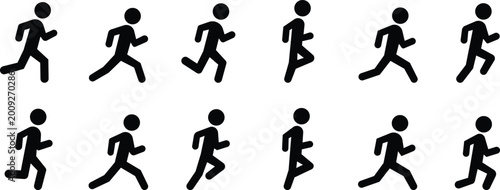 Stickman running poses icon set with motion steps, Human sprint and jog silhouettes, Athletic movement collection