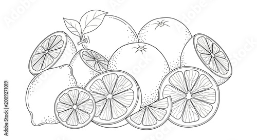 Foto Citrus Fruit Illustration: Oranges and Lemons, Whole and Sliced, Line Art
