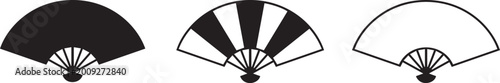 three traditional asian folding hand fan silhouette icons flat vector illustration set in black
