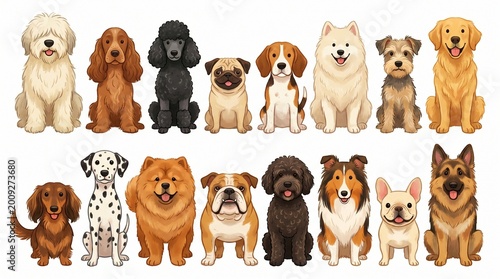 Illustrated collection of diverse dog breeds in two rows, showing variations in size, coat, color, ear shapes, snout lengths, and fur textures, highlighting canine diversity and characteristics.