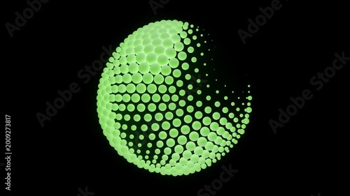 Green spheres rotate and change patterns in a dark space