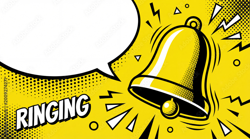 Fototapeta premium pop art comic style ringing yellow bell with blank white speech bubble on halftone background. notification, alert, reminder concept. banner, website header with copyspace.