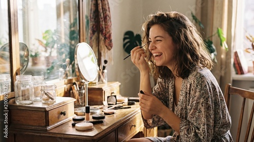 happy young caucasian woman applying makeup at wooden vanity table with mirror. morning beauty routine, self-care and lifestyle concept. banner, website header.