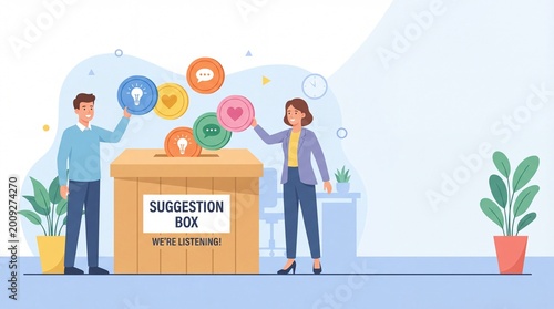 man and woman putting colorful tokens with idea and feedback icons into wooden suggestion box. employee engagement, customer voice, sharing opinions concept.  illustration, banner, copyspace.