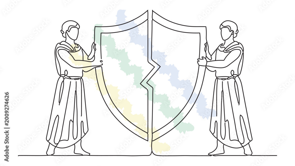 Obraz premium Two ancient figures holding large broken shield together representing strength, unity, and defense.