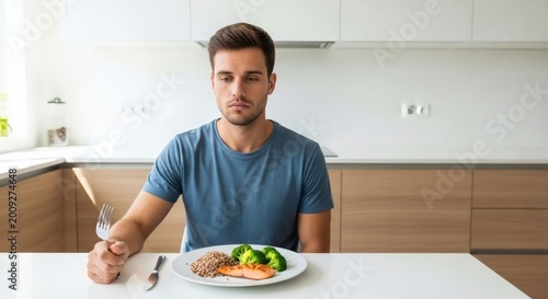 Disappointed young man with healthy meal of salmon and broccoli sits alone at a modern kitchen table feeling uninspired by diet food