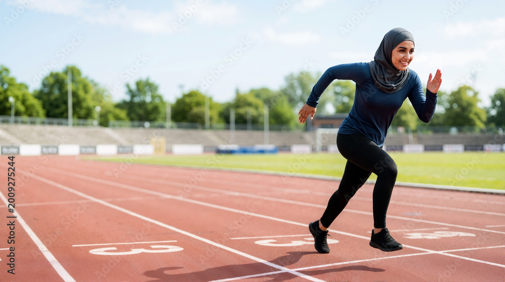 Obraz premium Smiling Muslim woman wearing a hijab sprinting on a red running track. Female athlete in dark sportswear running outdoors in a stadium. Active lifestyle and fitness concept