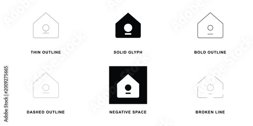 House and birdhouse icon set in different styles including thin outline, solid glyph, bold, dashed, negative space and broken line vector.
