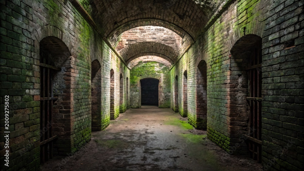Obraz premium Mossy ancient brick corridor with arched doorways and dim lighting