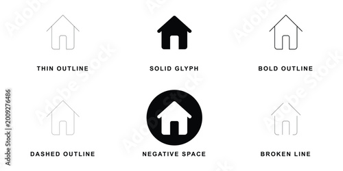 House Home Icon Set in Six Styles - Thin Outline, Solid Glyph, Bold, Dashed, Negative Space, and Broken Line Vector Illustration for UI UX Design
