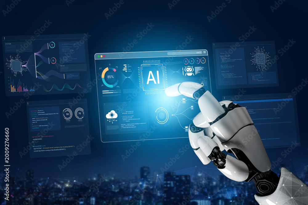 Naklejka premium A generative AI assistant displays its own development environment. This platform shows the tools used for coding algorithms, training machine learning models, and analyzing complex data. Fermion