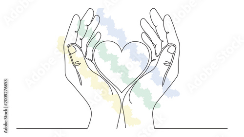 Single line drawing of hands holding heart with colorful abstract zigzag pattern symbolizing love care support and empathy in a gentle gesture.