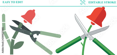 Photos Pruning shears cutting plant stem with red bell symbol, showing task completion and alert handling in workflow management