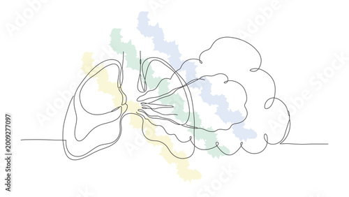 Single line drawing of lungs exhaling colorful air, representing breath and respiration concept.