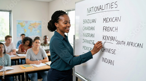 African American teacher giving a lesson on nationalities in a classroom. Female professor writing on a whiteboard for adult students