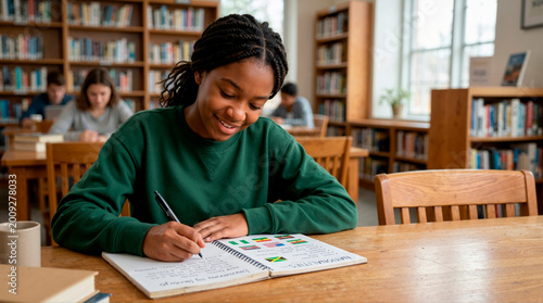 African American teen student studying nationalities in a school library. Young girl writing in a notebook with international flags for a homework assignment